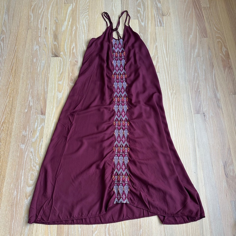 Prana Autumn Boho Embroidered Dress Aztec Festival Flowy Maxi Burgundy S